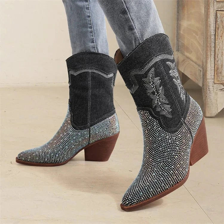 38 / Black Women Sparkly Cowboy boots Wide Calf Pointed Toe Rhinestone Block Medium Heel Ankle Booties Demin boots