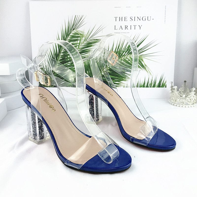 38 / Blue PDEP new arrival ankle buckle strap women thick heels dress shoes transparent heels sandals clear heel for women