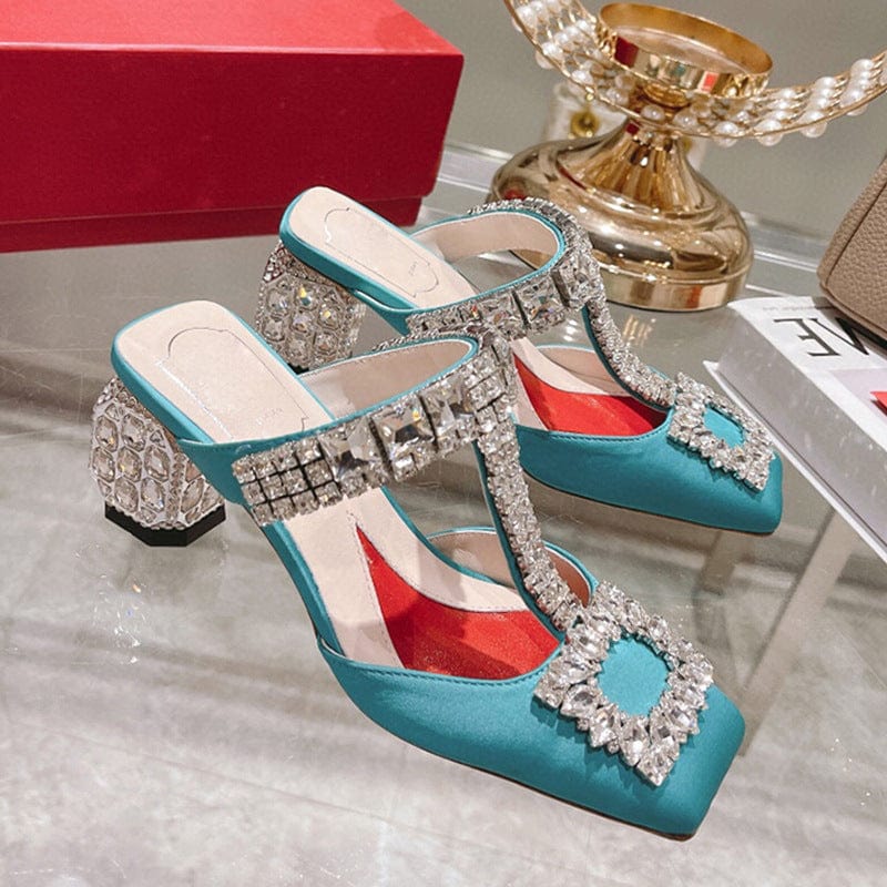 38 / Blue TX new style ladies luxury diamond slippers thick heels high heels breathable women sandals