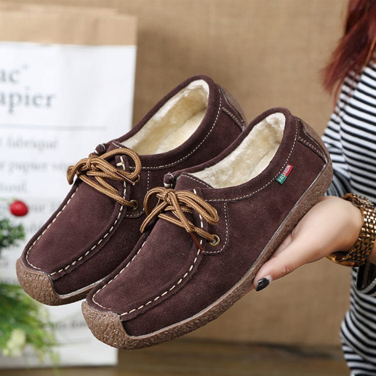 38 / Brown with furry Spring Autumn Women Genuine Leather Loafers Flats Moccasins Female Casual Ladies Black Footwear Shoes