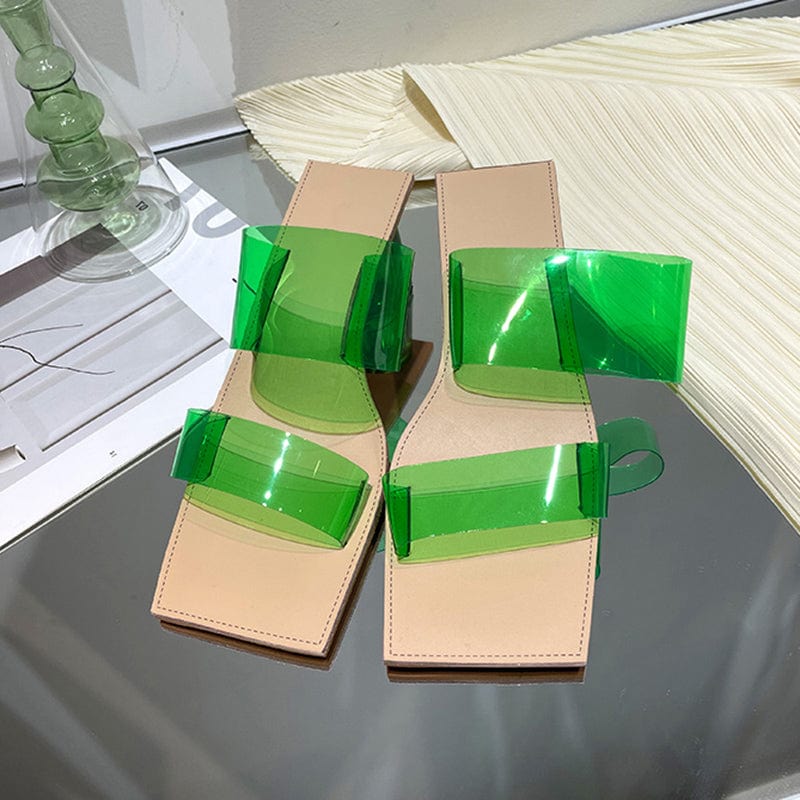 38 / Green Summer Sexy Fashion 2022 Square Head Medium Heel Transparent PVC Jelly Shoes Mules Open Toe Simple Outdoor Slippers Shoes