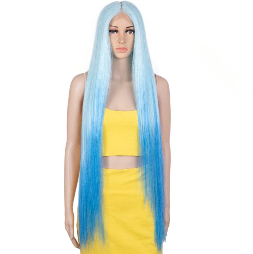 38 Inches / LTT- BLUE -BLUE5 Sleek wholesale hot selling heat resistant Long straight Blonde Ombre Swiss Lace part Front Wig Synthetic hair Wig for women