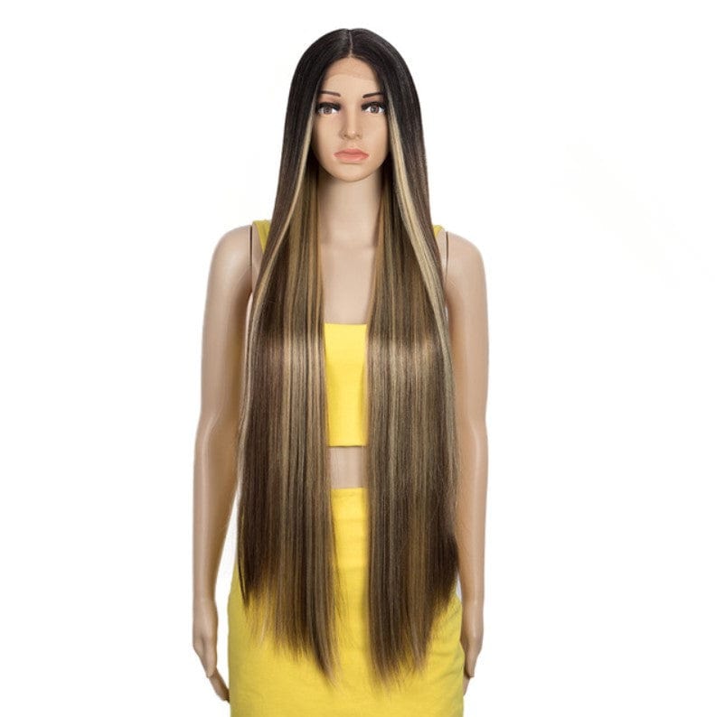 38 Inches / TTOL4/30S/26J Sleek wholesale hot selling heat resistant Long straight Blonde Ombre Swiss Lace part Front Wig Synthetic hair Wig for women