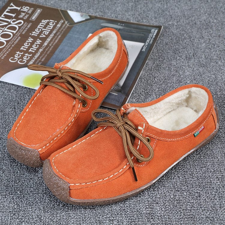 38 / Orange with furry Spring Autumn Women Genuine Leather Loafers Flats Moccasins Female Casual Ladies Black Footwear Shoes