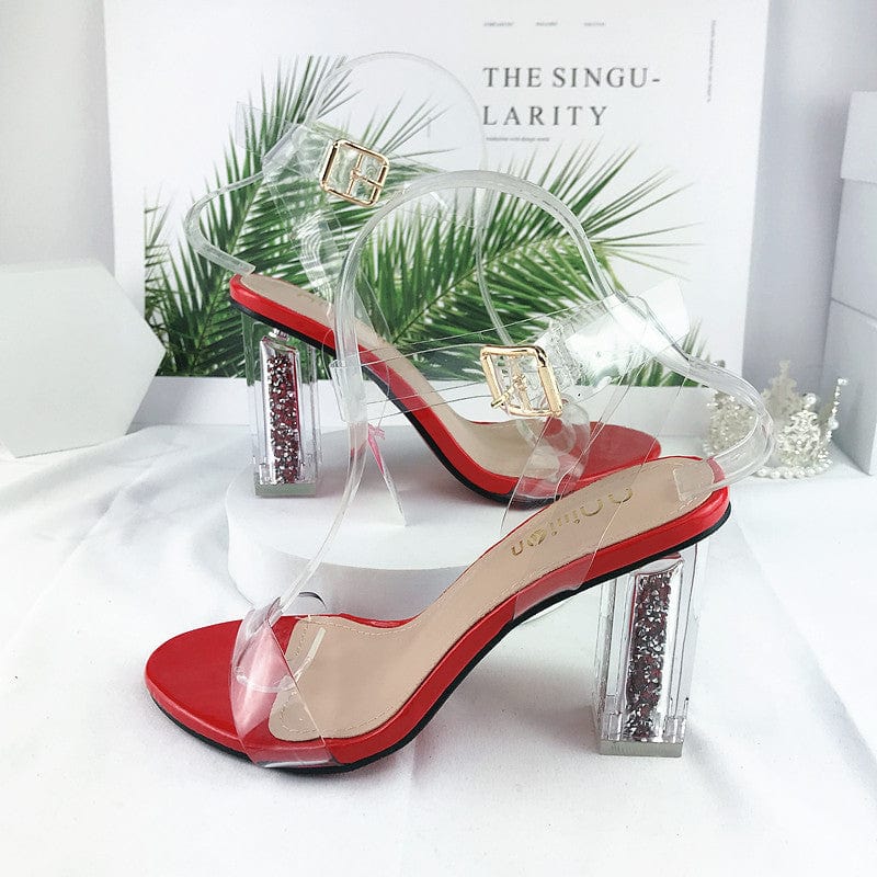 38 / Red PDEP new arrival ankle buckle strap women thick heels dress shoes transparent heels sandals clear heel for women