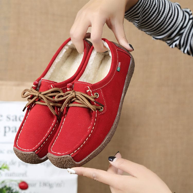 38 / Red with furry Spring Autumn Women Genuine Leather Loafers Flats Moccasins Female Casual Ladies Black Footwear Shoes