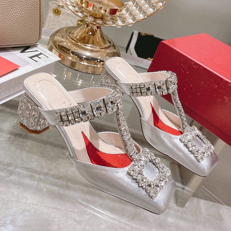 38 / silver TX new style ladies luxury diamond slippers thick heels high heels breathable women sandals