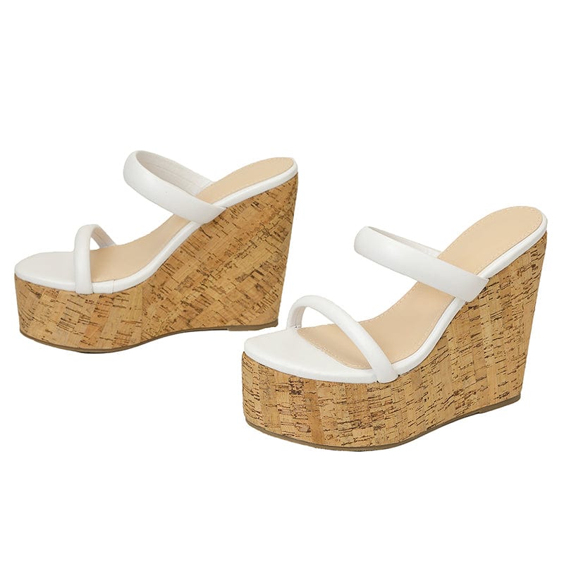 38 / White Summer Fashion Solid PU Band 2023 Open Toe Platform Ladies Mules Wedges Heel Slippers Slip-On Rome Style 35-42 Women's Shoes