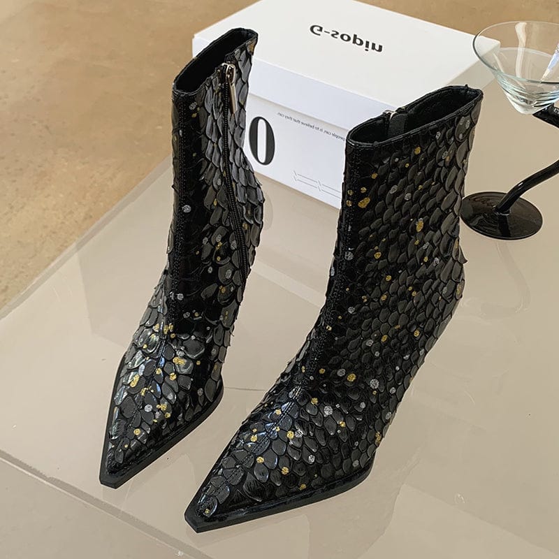 39 / Black Autumn Winter Fashion Pointed Toe Shoes 2023 New PU Print Ankle Zipper Blue Mid-Calf Boots High Heel Size 35-39 Women Boots