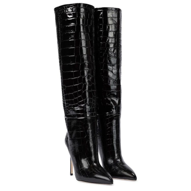 39 / black Ladies Winter Pointy Toe Crocodile Print Knee High Heeled Boots Black Microfiber Leather Fashion Stiletto Heel Women's Boots