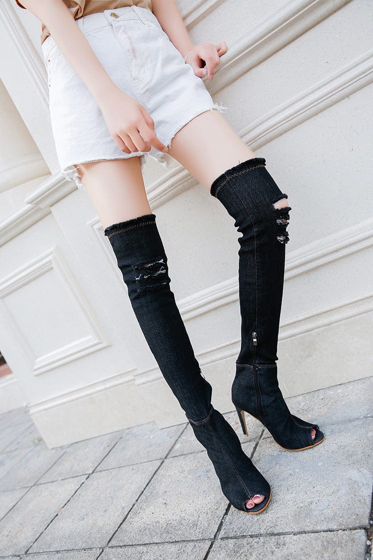 39 / Black PDEP New Arrival Denim Peep Toe Thing High Heel Long Women Boots Low MOQ Fashion Boots For Ladies