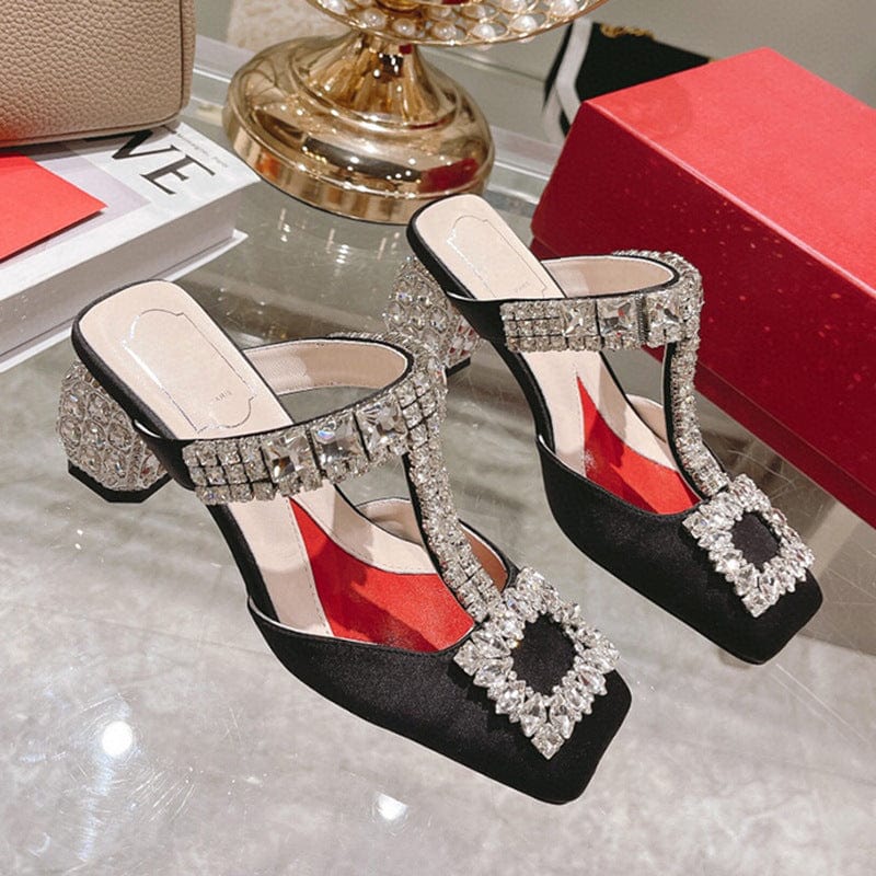 39 / black TX new style ladies luxury diamond slippers thick heels high heels breathable women sandals