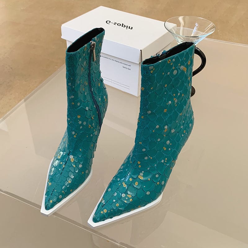 39 / Blue Autumn Winter Fashion Pointed Toe Shoes 2023 New PU Print Ankle Zipper Blue Mid-Calf Boots High Heel Size 35-39 Women Boots