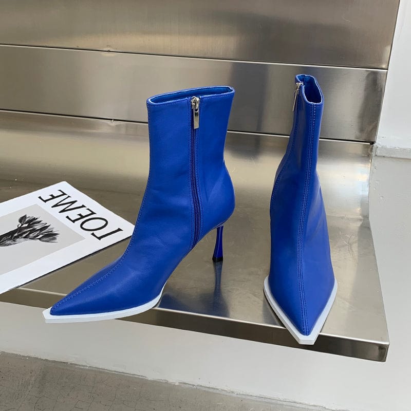 39 / Blue Fashion Concise PU Solid Pointed Toe 2023 New Thin High Heel Chelsea Boots Zippers Party Dress Shoes Size 35-39 Women Boots