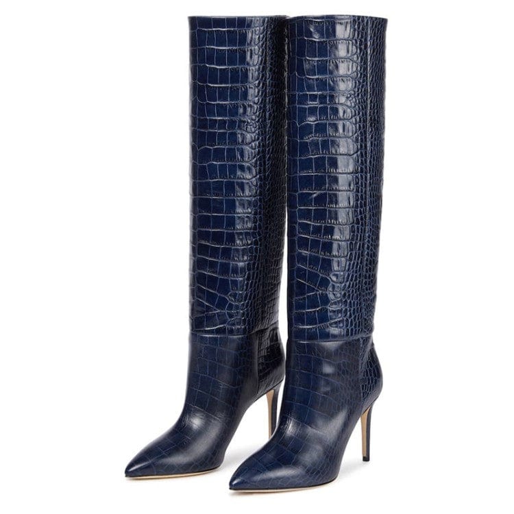 39 / Dark blue Ladies Winter Pointy Toe Crocodile Print Knee High Heeled Boots Black Microfiber Leather Fashion Stiletto Heel Women's Boots