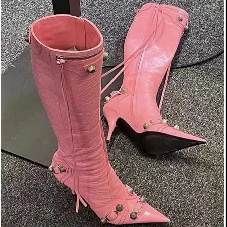 39 / Pink TX 2022 new designer high heel stiletto metal side zipper tassel tube women thigh high boots