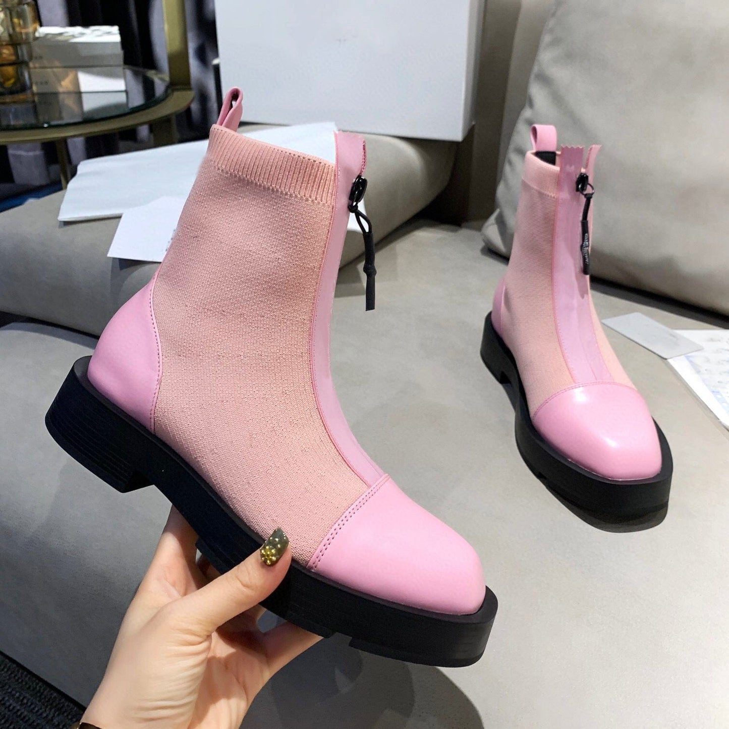 39 / Pink TX Stretch thin boots fashion thick heel front zipper ankle boots Chelsea boots