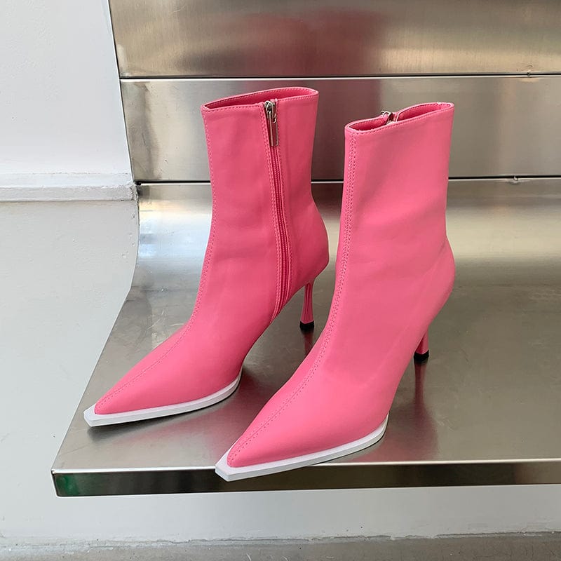 39 / Rose Red Fashion Concise PU Solid Pointed Toe 2023 New Thin High Heel Chelsea Boots Zippers Party Dress Shoes Size 35-39 Women Boots