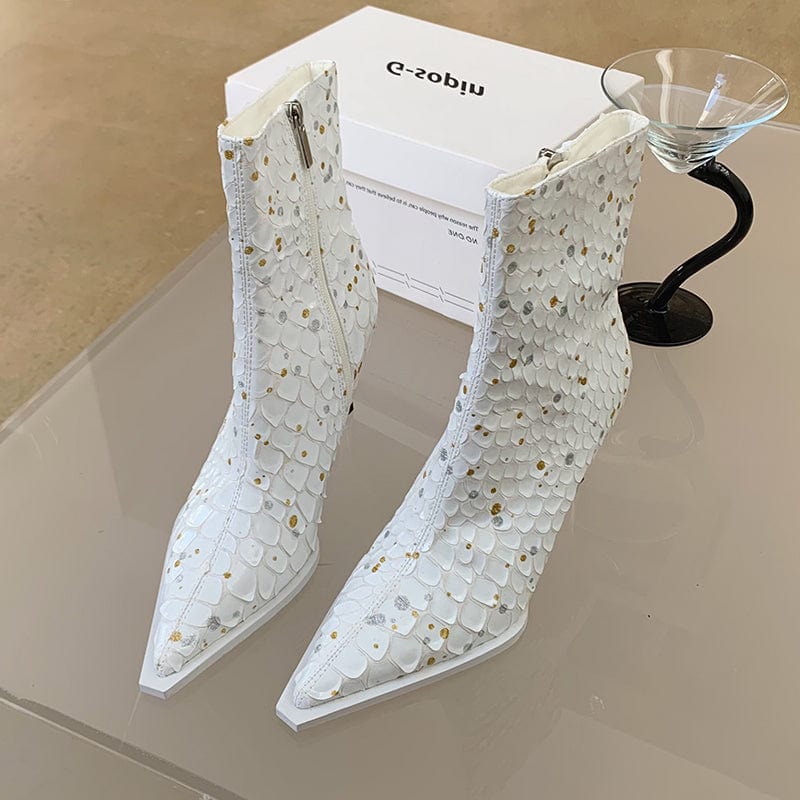 39 / White Autumn Winter Fashion Pointed Toe Shoes 2023 New PU Print Ankle Zipper Blue Mid-Calf Boots High Heel Size 35-39 Women Boots