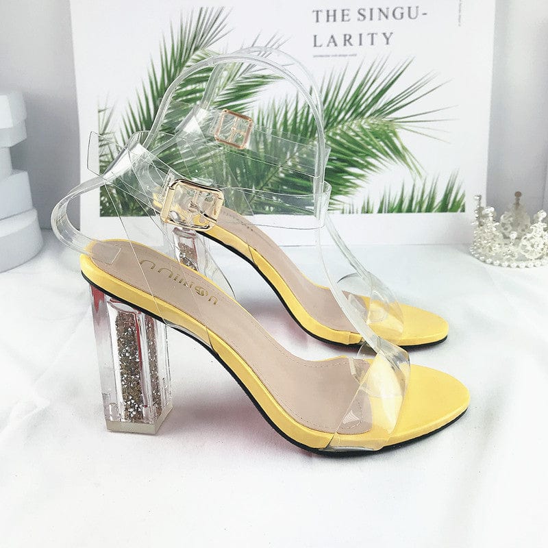 39 / Yellow PDEP new arrival ankle buckle strap women thick heels dress shoes transparent heels sandals clear heel for women