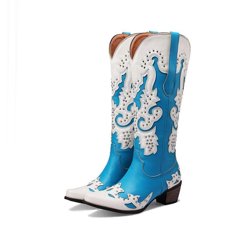 4 / Blue BUSY GIRL XY4844 New Fashion Rivet Western Bootie For Women Knee High Block Heels White Red Cowboy Boots