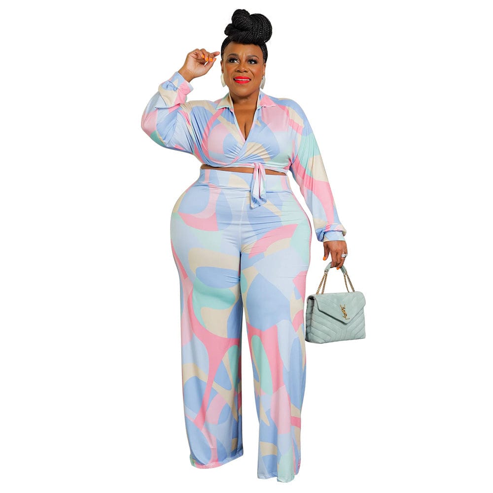 4 XL / 1 YS New fall fashion print lace-up shirt plus size big and tall collar pants street casual suit