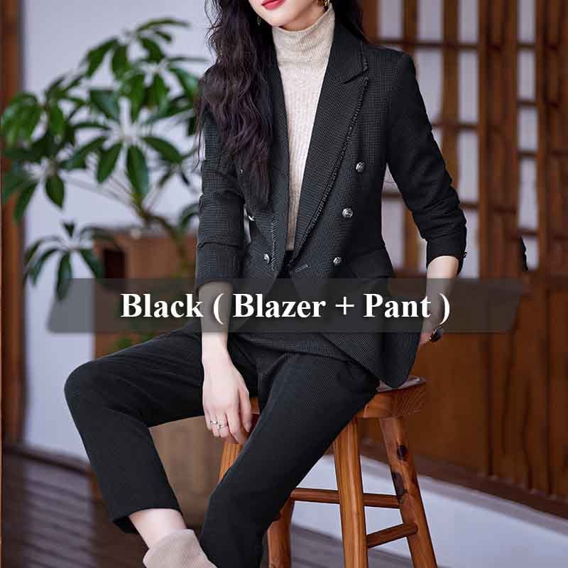 4 XL / 2 Piece Black Pant Suit OEM Wholesale 2 Piece Plaid Set for Women Business Office Lady Work Wear Double Breasted Clothes Blazer with Trousers