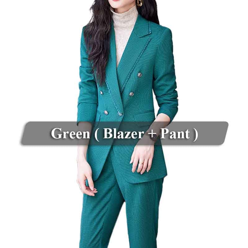 4 XL / 2 Piece Green Pant Suit OEM Wholesale 2 Piece Plaid Set for Women Business Office Lady Work Wear Double Breasted Clothes Blazer with Trousers