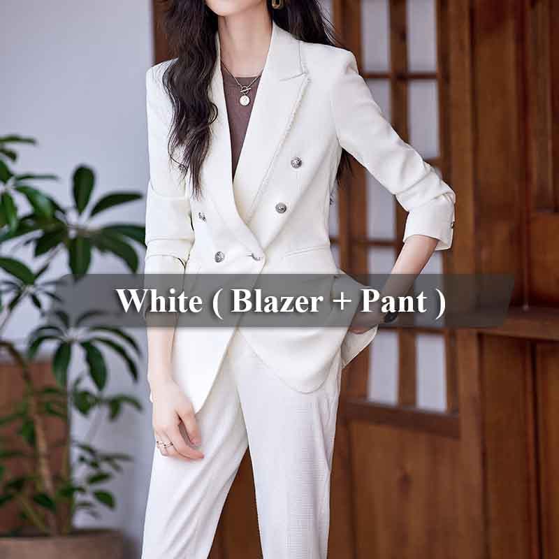 4 XL / 2 Piece White Pant Suit OEM Wholesale 2 Piece Plaid Set for Women Business Office Lady Work Wear Double Breasted Clothes Blazer with Trousers