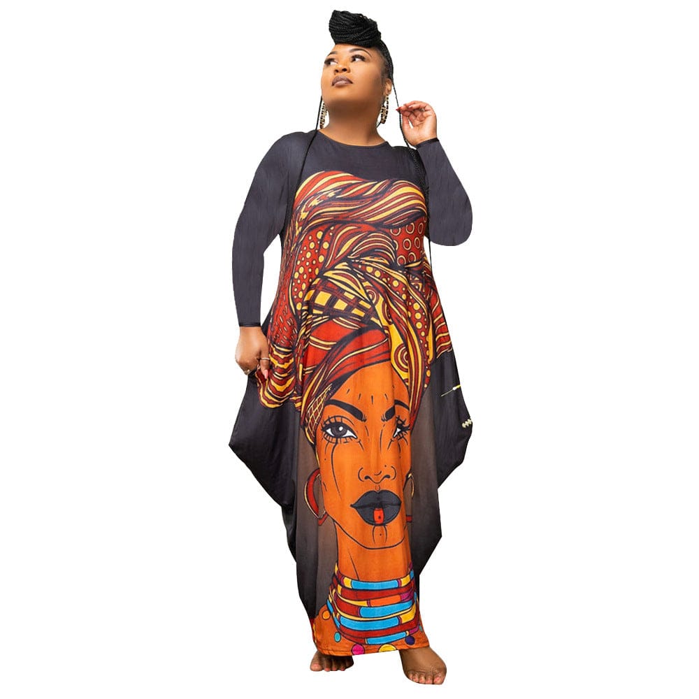 4 XL / black African Dress Women Autumn Long Sleeve Vestido Cotton Pocketed African Ladies Stretchy Plus Size Long Dresses New