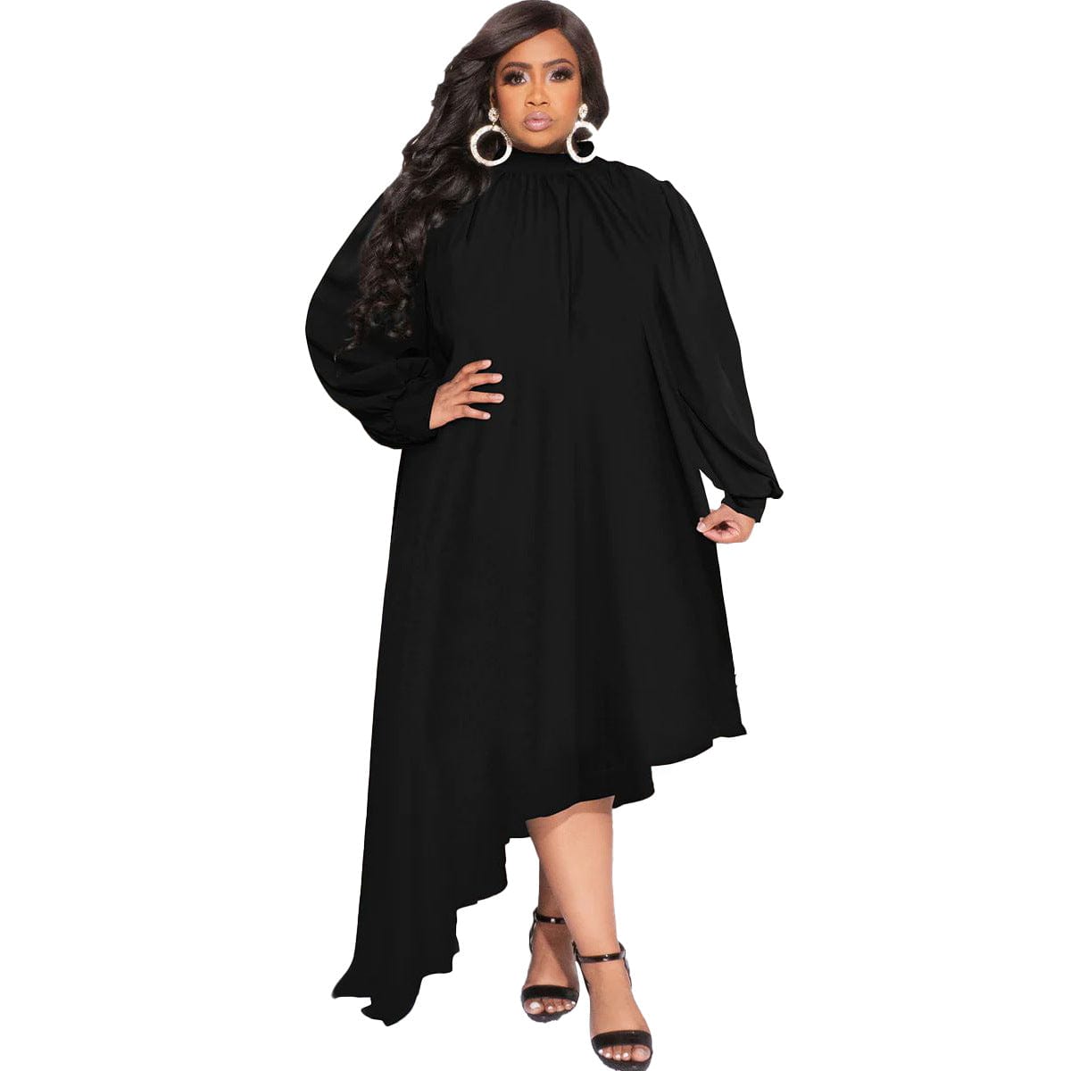 4 XL / black N7599 Autumn New Chic L-4Xl Plus Size Long Sleeve Solid Elegant Dress Fashionable Party Dress Casual Wear