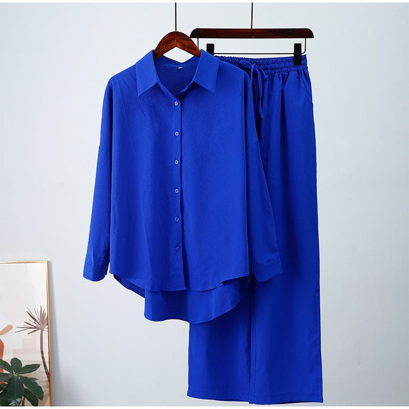 4 XL / Blue fall winter new women clothing ladies loose stretch crease long sleeve shirt wide leg pants casual sets women's 2 piece set