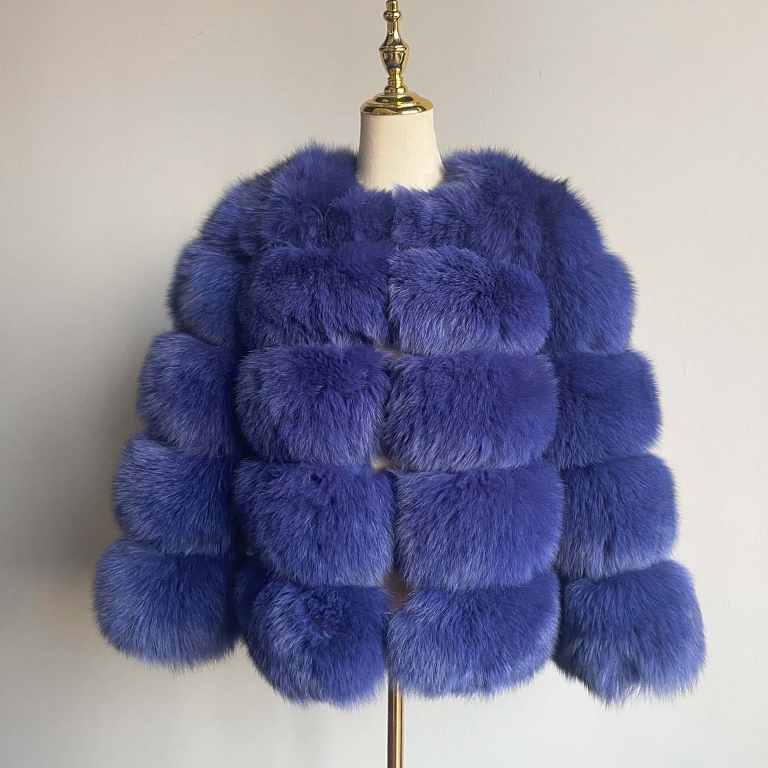 4 XL / Dark blue QIUCHEN- QC8081 winter women plus size real fox fur coat fluffy thick womens luxury fur jackets