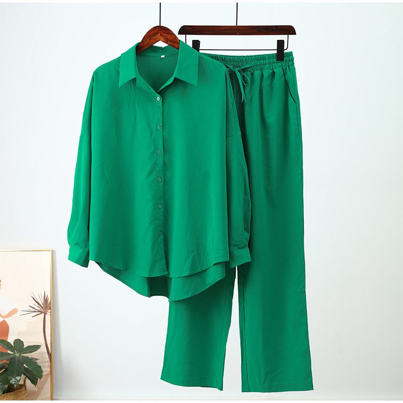 4 XL / green fall winter new women clothing ladies loose stretch crease long sleeve shirt wide leg pants casual sets women's 2 piece set