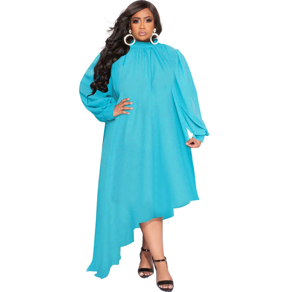 4 XL / Light Blue N7599 Autumn New Chic L-4Xl Plus Size Long Sleeve Solid Elegant Dress Fashionable Party Dress Casual Wear