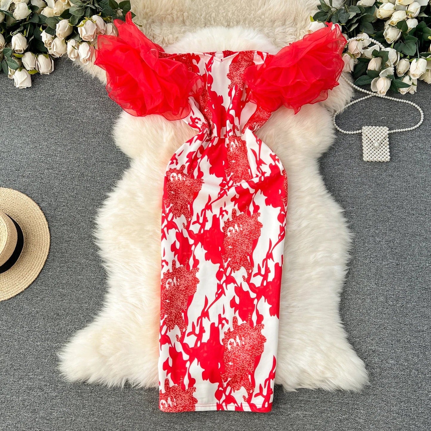 4 XL / Red Puff Long Sleeve Midi Printed Birthday Plus Size Evening Dresses Women