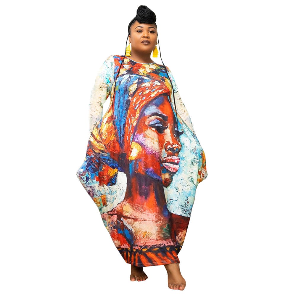 4 XL / tie dye African Dress Women Autumn Long Sleeve Vestido Cotton Pocketed African Ladies Stretchy Plus Size Long Dresses New