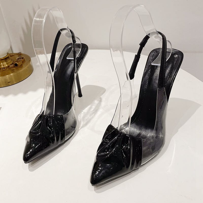 40 / Black New PVC Black Patent Leather Pointed Toe 2023 Spring Autumn Pleated High Heel Pumps Ankle Elastic Band Slip-On Women Shoes