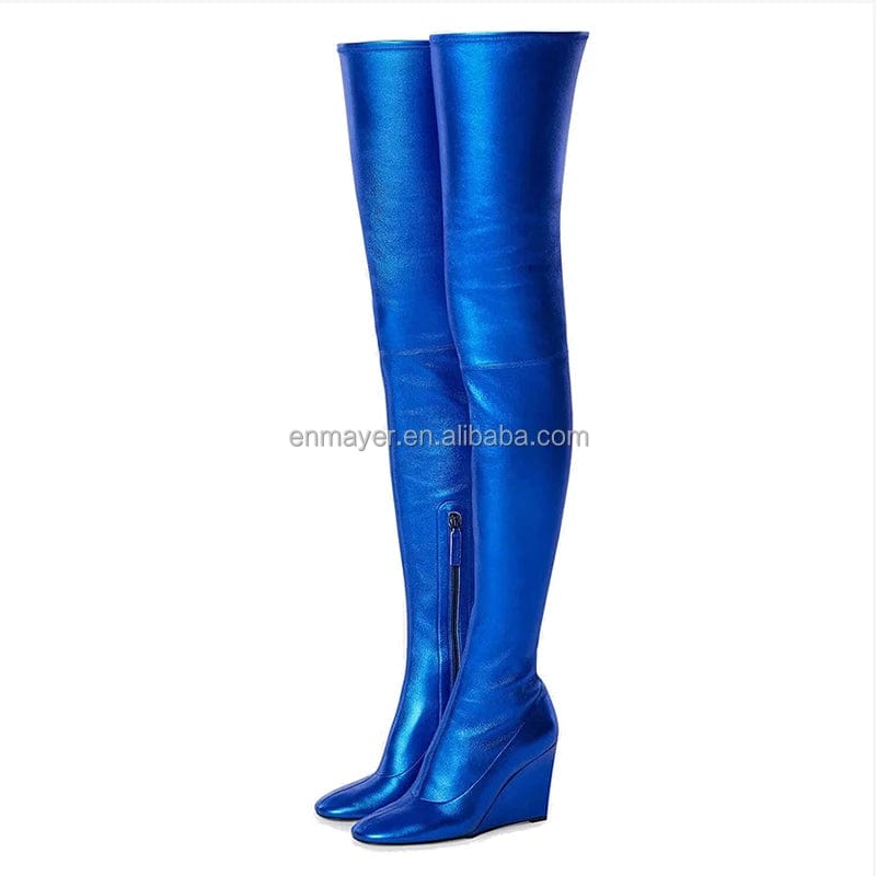 40 / Blue ENMAYER Female Popular Pointed Toe Wedge Heel Elastic Leather Over The Knee Women Thigh High Boots