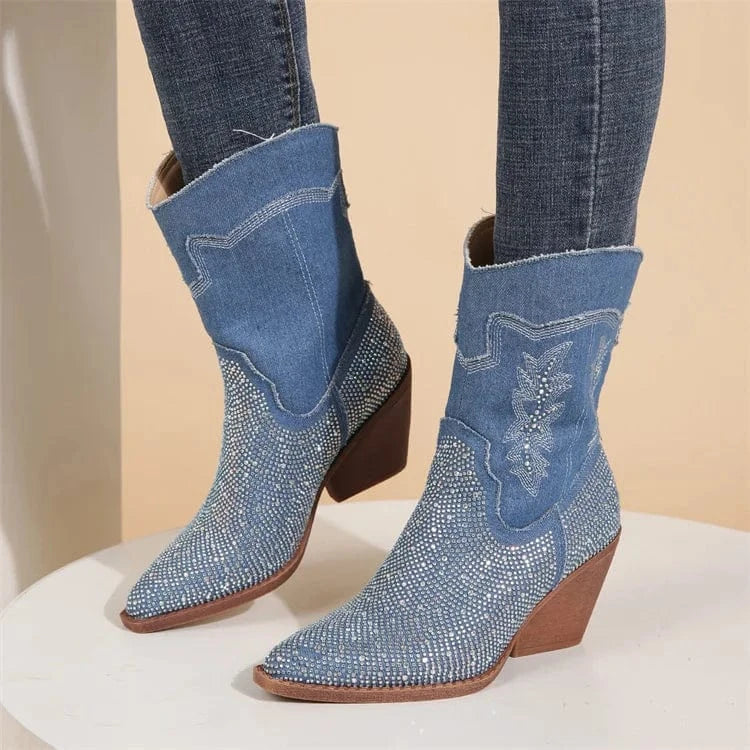 40 / Blue Women Sparkly Cowboy boots Wide Calf Pointed Toe Rhinestone Block Medium Heel Ankle Booties Demin boots