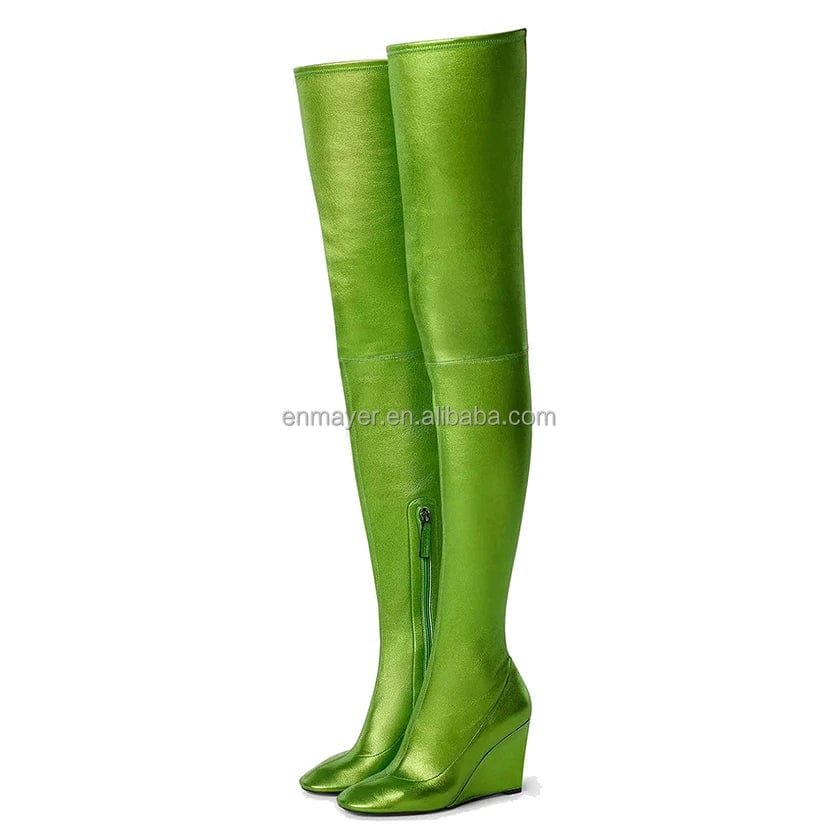 40 / green ENMAYER Female Popular Pointed Toe Wedge Heel Elastic Leather Over The Knee Women Thigh High Boots