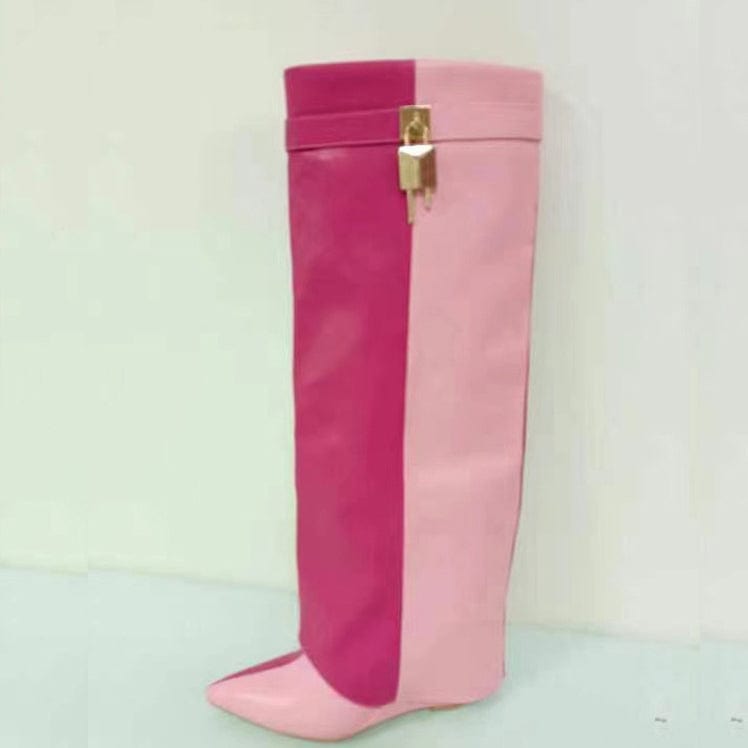 40 / Pink Fashion Designer Pointed Toe Stone Pattern Shark Lock Knee High Boots Wedge High Heel Metallic Overlady Winter Season Long Boots