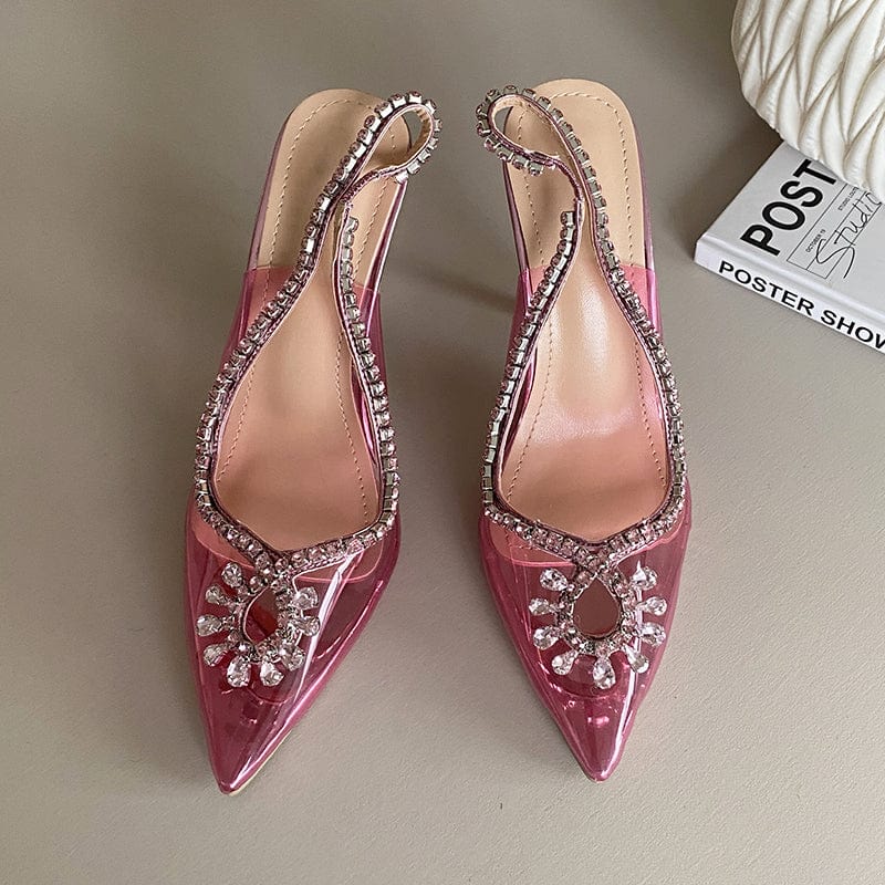 40 / Pink Sun Flower Rhinestone Banquet Pink 2023 Summer Diamond Pointed Nightclub Pumps Super High Heel Sandals Party Ladies Shoes