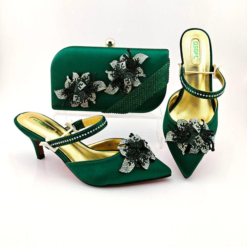 40 / SAB 3183-1 avocado New Style Lady shoes bag set with stones Beautiful Italian shoes to match bag women party shoes set