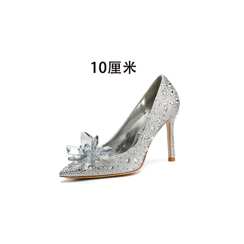 40 / Silver 10cm` Luxury Diamond High Heel Stilettos for Ladies Wedding Bridal Dress Crystal Heel Pumps