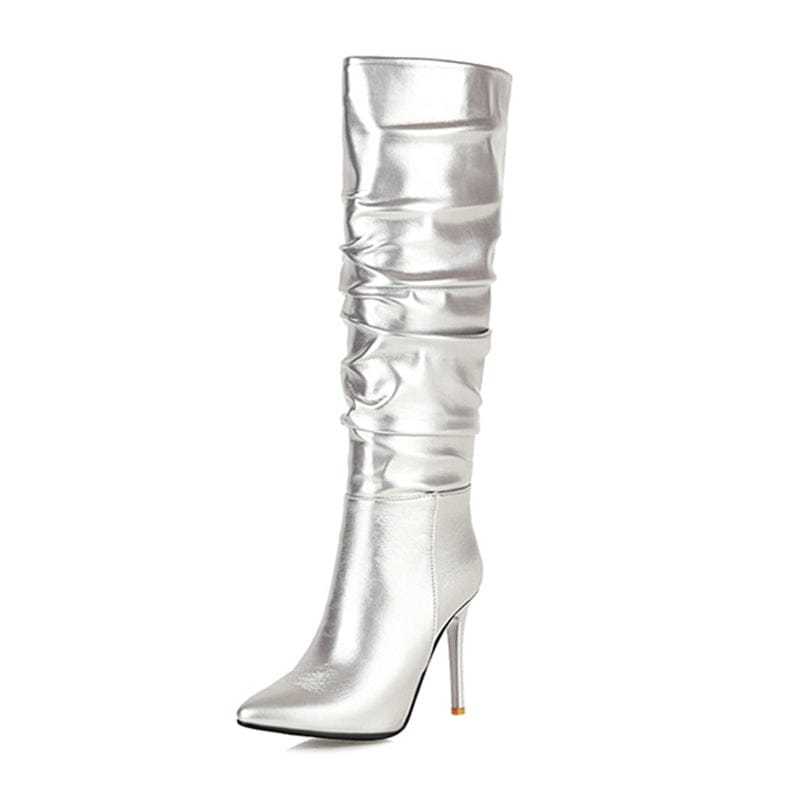 40 / Silver Boots Knee High Leather 2023 Pointed Toe Thigh High Wrinkle Boots Sexy Party Slip-On Long Botas Mujer Silver Gold Women Shoes