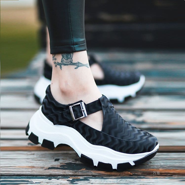 40 (US Size 8.5) / Black LESLIDES Wholesale Women's Casual Shoes Summer Walking Style Leather Thick-soled Buckle Brock Height Increasing Sneaker Shoes