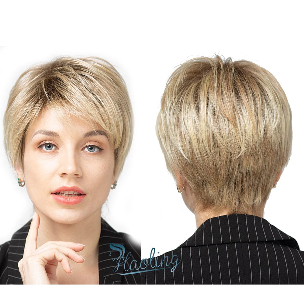 402-1 HAOLING Short Women's Wig Layered Brown to Light Blonde Ombre Wigs with Side Bangs Pixie Cut Synthetic Hair Wigs