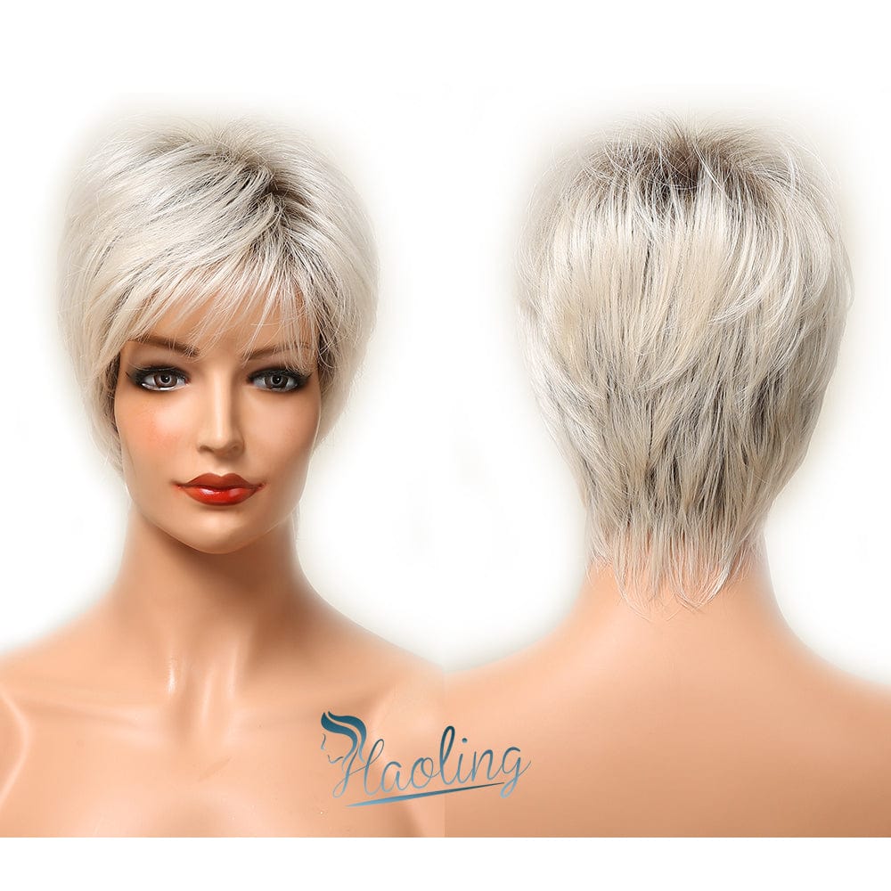 402-2 HAOLING Short Women's Wig Layered Brown to Light Blonde Ombre Wigs with Side Bangs Pixie Cut Synthetic Hair Wigs