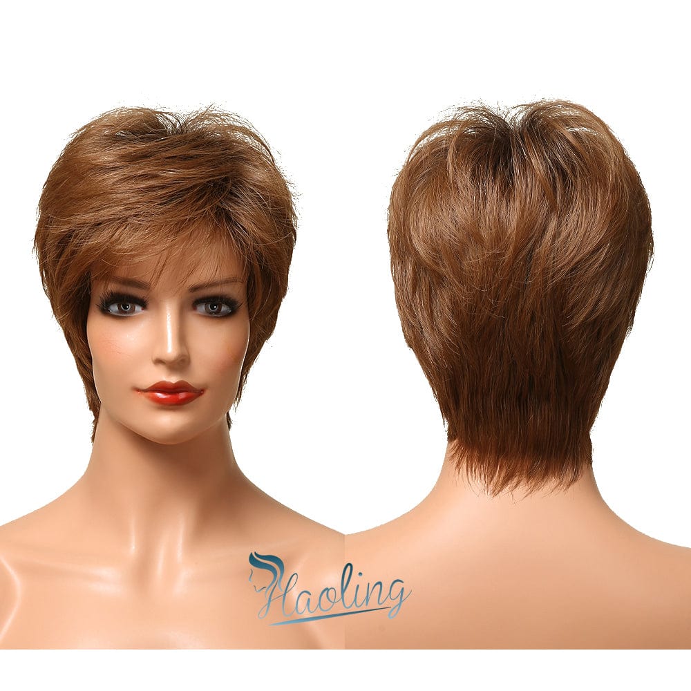 402-3 HAOLING Short Women's Wig Layered Brown to Light Blonde Ombre Wigs with Side Bangs Pixie Cut Synthetic Hair Wigs